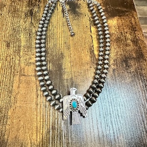 Handmade Navajo Bead Thunderbird Necklace, Turquoise 16 Inch Two Strand Design