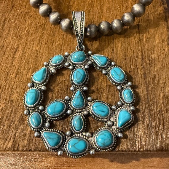 Navajo Style Pearl Bead Necklace With Blue Turquoise Peace Sign
