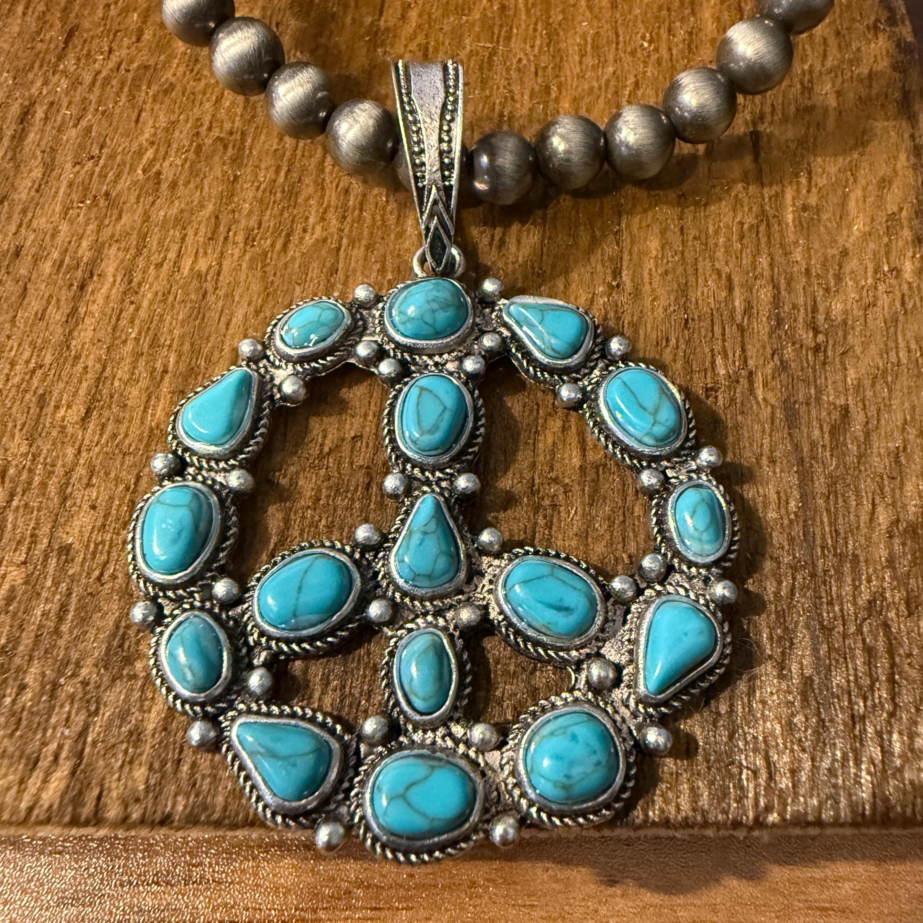 Navajo Style Pearl Bead Necklace With Blue Turquoise Peace Sign