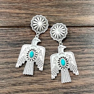 Thunderbird Turquoise Brass Post Earrings 2.8 Inches