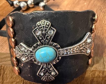 Turquoise Cross Western Bracelet: Rhinestone Beaded Leather Cuff