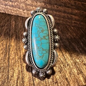 Western Boho Hippie Turquoise Silver Slim Oval Cuff Statement Ring, Gift Box