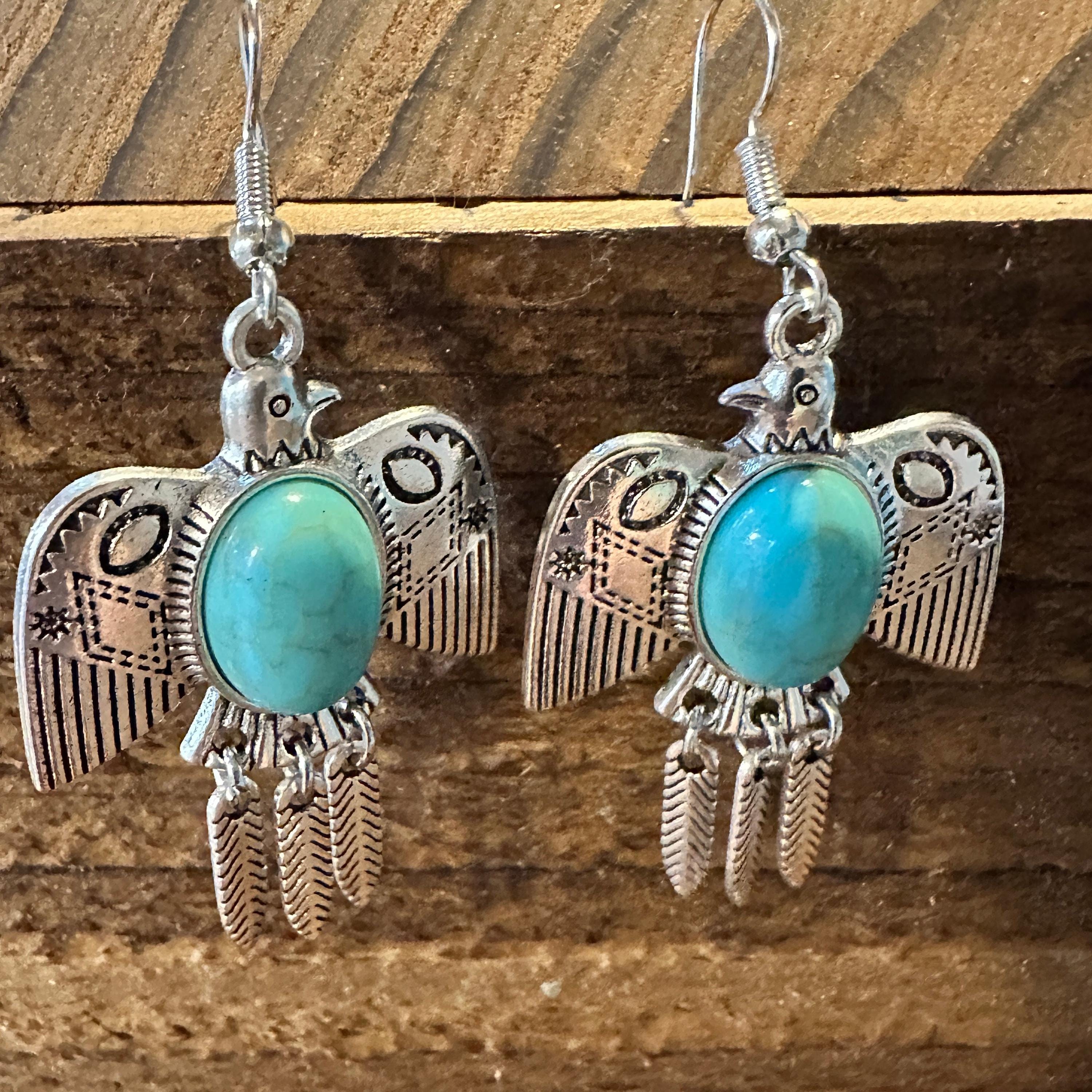 Native American Navajo Thunderbird Drop Earrings, Turquoise  display picture 1