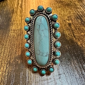 Boho Chic Turquoise Dream: Elegant Long Cabochon Stretch Ring, Gift Box