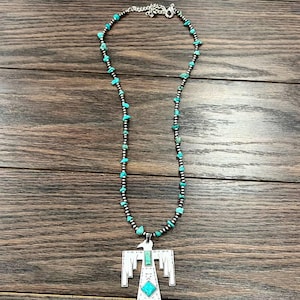 Navajo Thunderbird Turquoise Beaded Necklace with Extender and Pendant