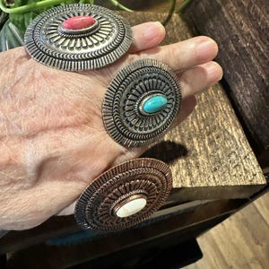 Statement Concho Cuff Ring, Oversized Western Concho Ring, Adjustable Ring, Boho Hippie Pink Stone, White Copper, Turquoise Stone, Gift Box