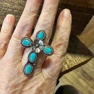 Western Boho Hippie Ring, Floral Cross Turquoise Gemstone Cuff Ring, Gift Box