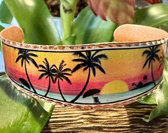 Handmade Boho Copper Cuff Bracelet: Tropical Palm Design