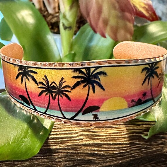 Handmade Boho Copper Cuff Bracelet: Tropical Palm Design - Etsy display picture 1