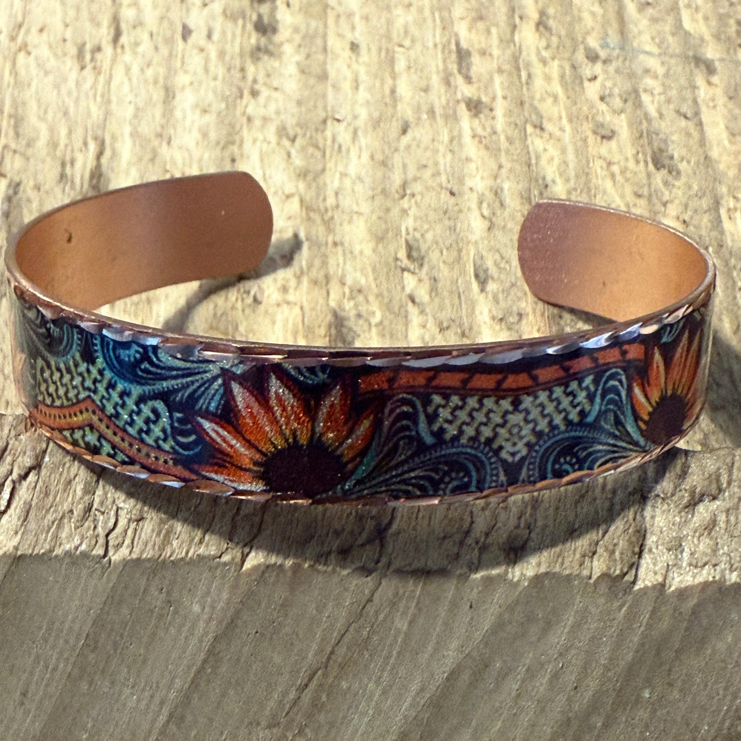 Handcrafted Copper Sunflower Narrow Cuff Bracelet