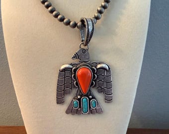 Handgefertigte Navajo Style Koralle Türkis Thunderbird 6 mm Silber Perlenkette, 18 Inch