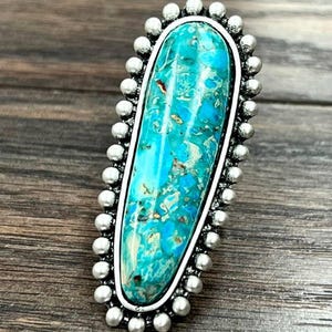 Turquoise Gemstone Adjustable Ring with Brass Dual Band, Boho Statement Cuff Ring