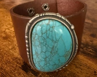 Turquoise Stone Dark Brown Leather Cuff Bracelet Handcrafted Boho Style For Everyday Wear