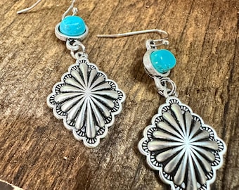 Concho Turquoise Drop Earrings, Southwestern Chic Design, Ships in