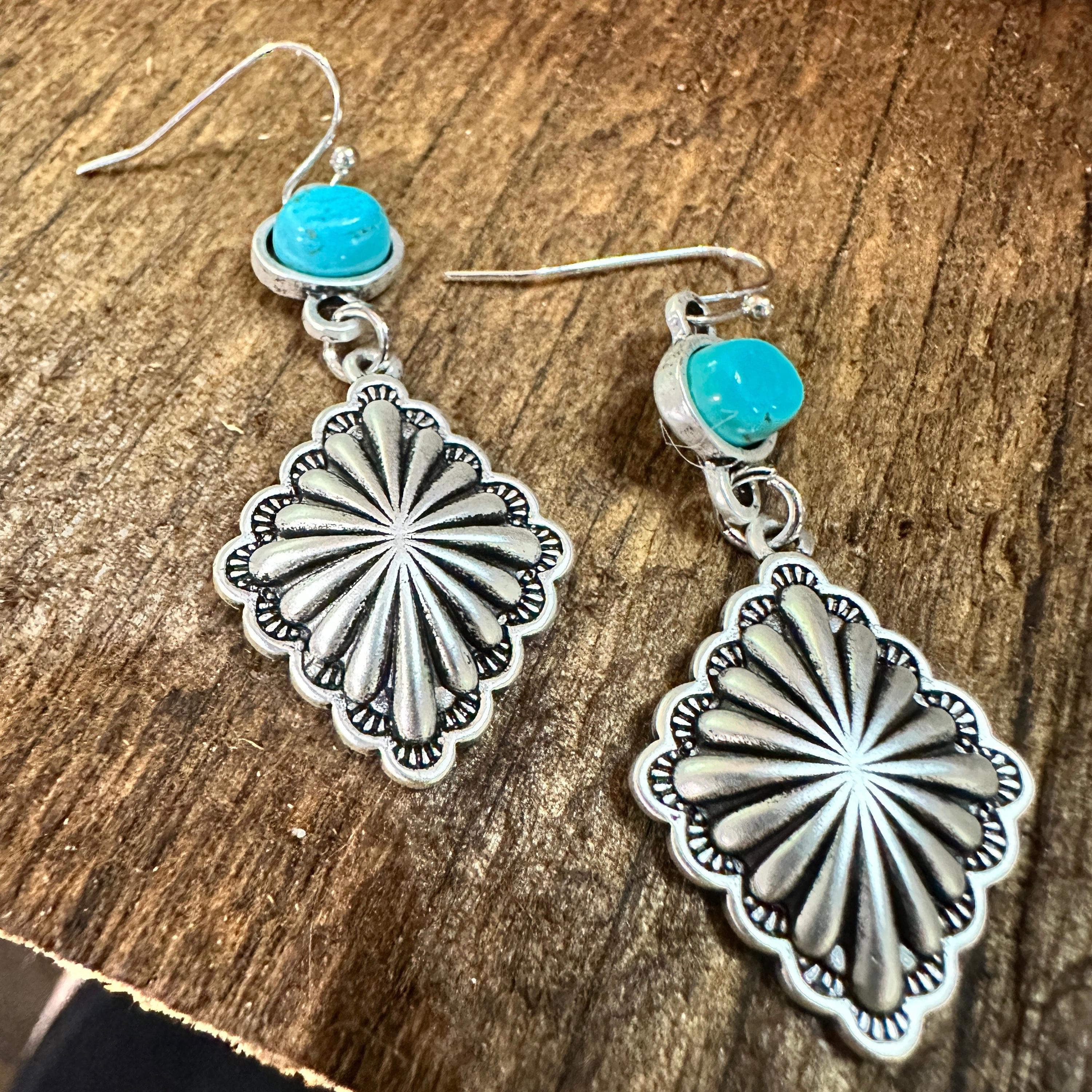 Concho Turquoise Drop Earrings, Southwestern Chic Design, Ships in
