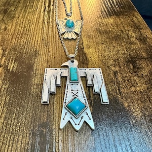 Thunderbird Turquoise 2-Strand Necklace with Extender, Antique Silver Pendants