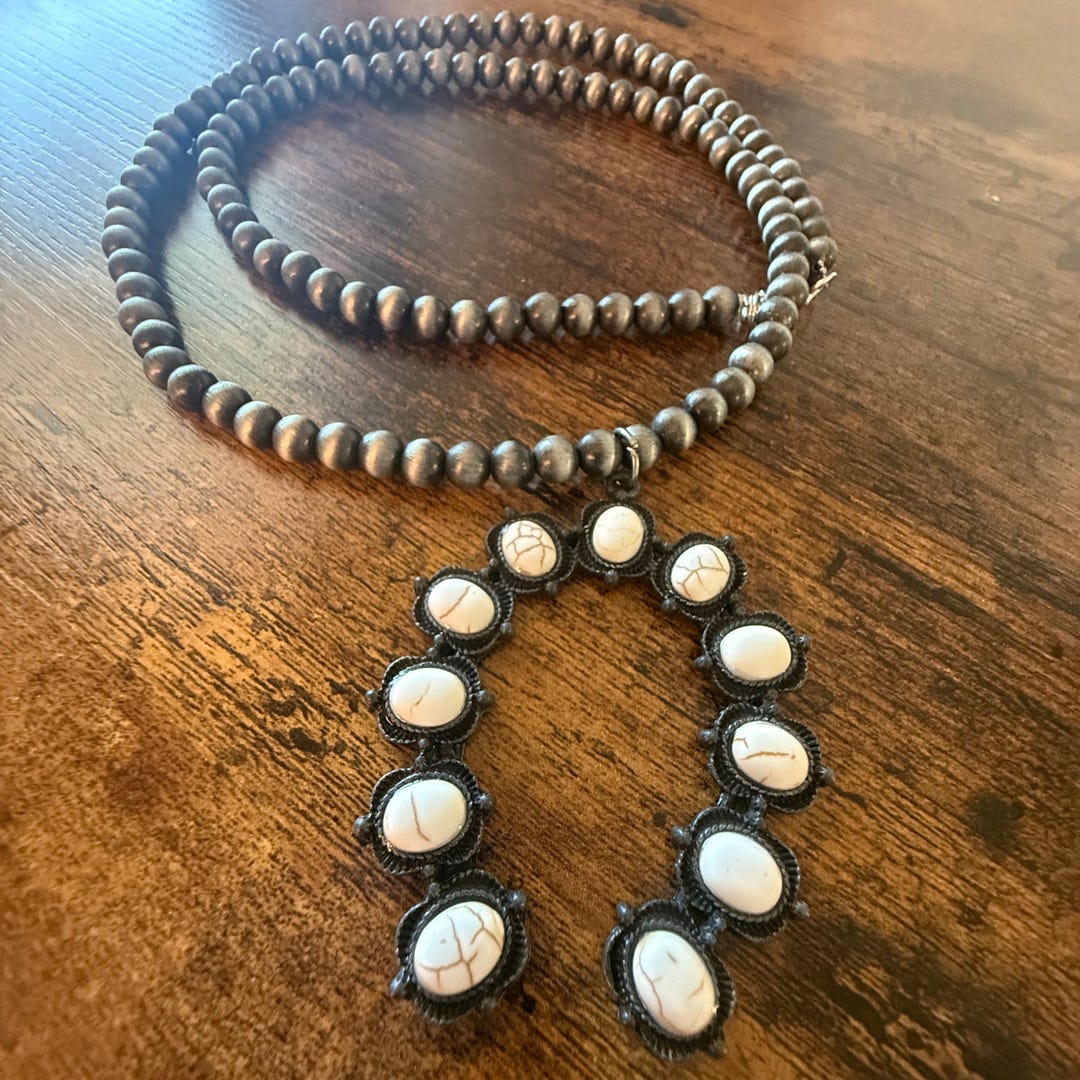 Silver Navajo Style Pearl Necklace With White Stone Squash Blossom