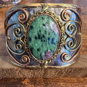 Ruby Zoisite Natural Stone Wide Cuff Bracelet Mixed Metals
