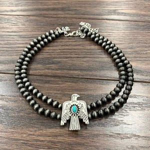 Handmade Navajo Bead Thunderbird Necklace, Turquoise 16 Inch Two Strand Design