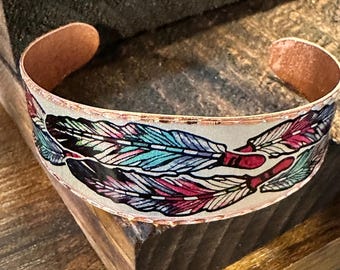 Handmade Boho Native American Cuff Bracelet, Colorful Feather Copper Bracelet, Gift Box