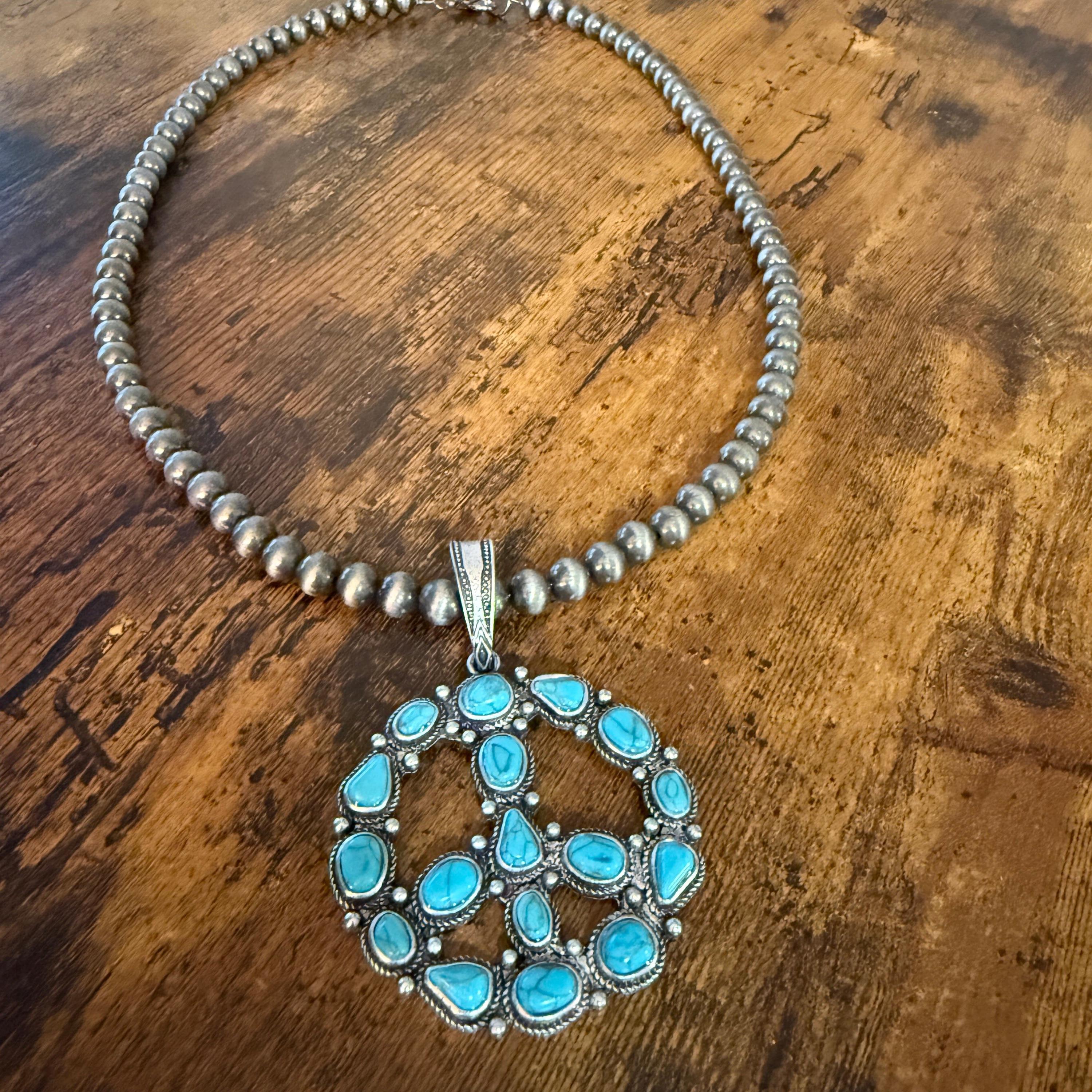 Navajo Style Pearl Bead Necklace With Blue Turquoise Peace Sign