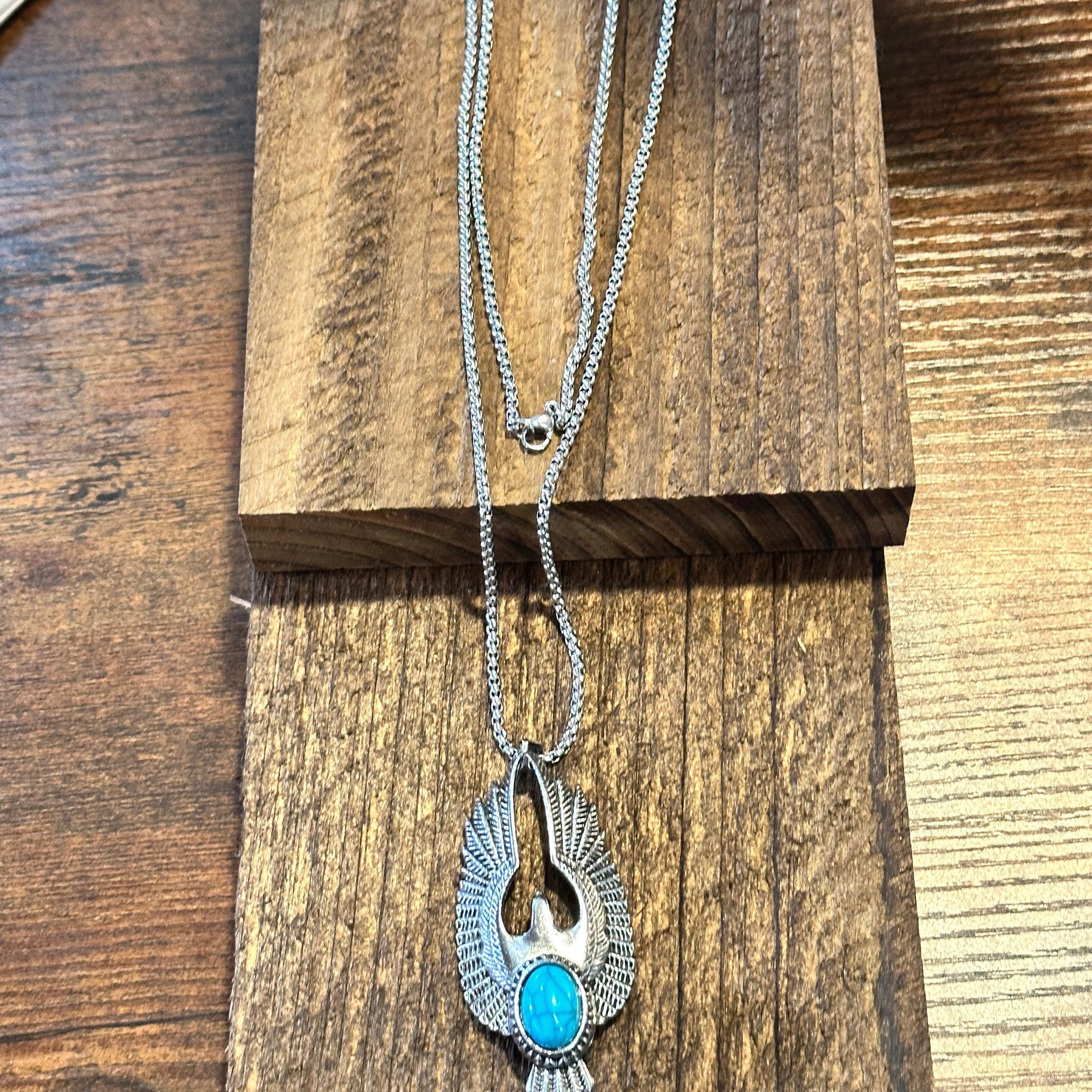 Collier Tribal Amérindien Aigle & Turquoise - Acier Titane - Style Vintage - Unisexe - 60 Cm - 4