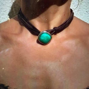 Boho Western Leather Cord Cowgirl Choker Necklace, Brown Leather Turquoise Stone, Gift Box