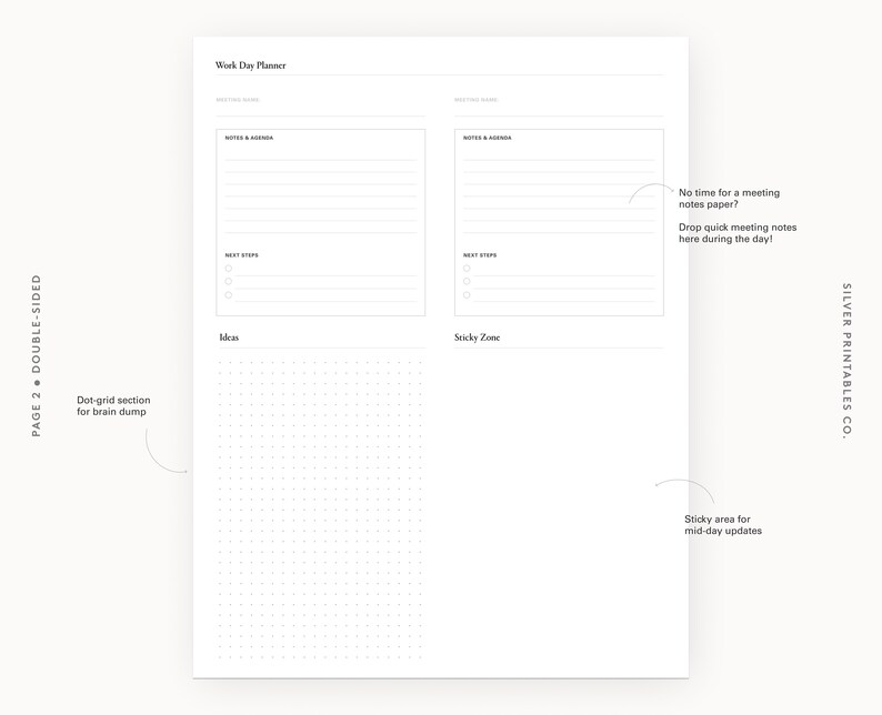 Printable Work Day Planner | Meeting notes, ideas, sketches | Letter Size PDF - Instant Download