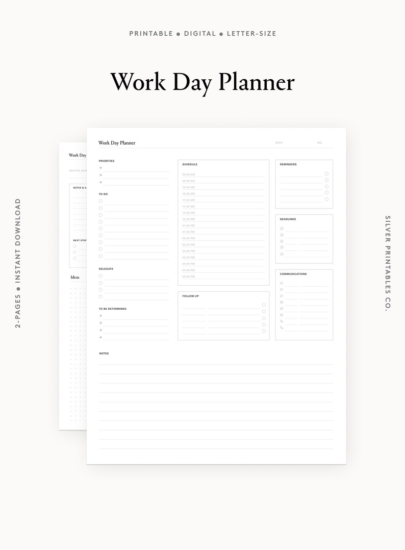 Printable Work Day Planner | Daily Schedule, To-Do List, Notes | Letter Size PDF - Instant Download