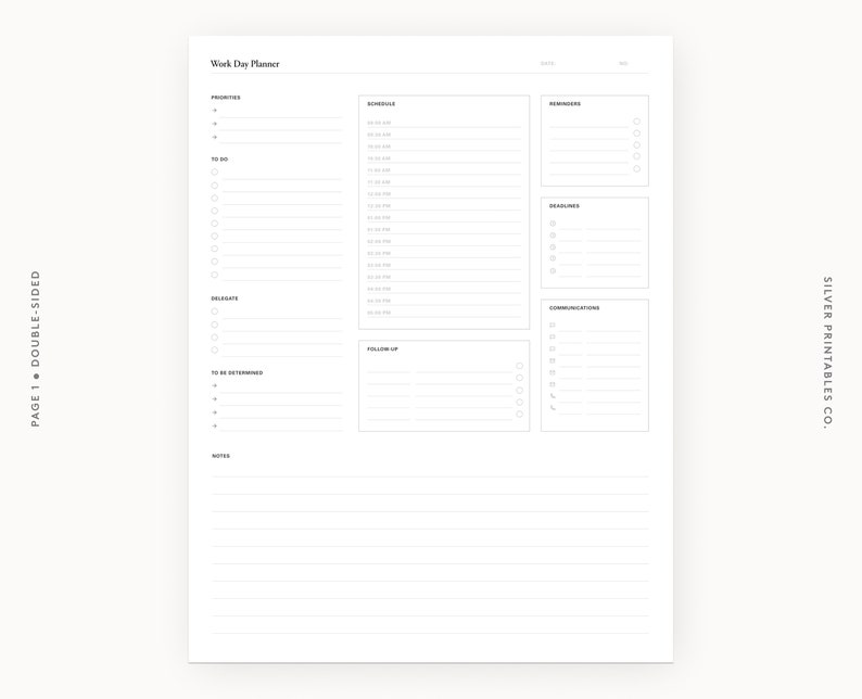 Printable Work Day Planner | Daily Schedule, To-Do List, Notes | Letter Size PDF - Instant Download