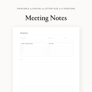 May include: A printable meeting notes template with sections for agenda, discussion points, next steps, and notes. The template is designed for A4 paper and includes two versions.