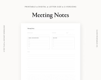 会議メモの印刷可能 | プランナー挿入 | GoodNotes によるデジタル使用 | レター サイズ PDF | 即時ダウンロード