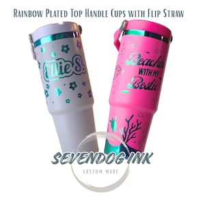 30oz Rainbow Plated Flip Straw Engraved Tumbler with Top Handle