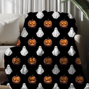 Ghost & Pumpkin Blanket, Spooky Black Halloween Throw, Bold Cozy Fall Decor, October Couch Gift, Haunted House Blanket