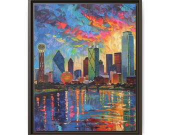 Dallas Skyline Sunset Impressionist Framed Canvas Wall Art — Texas Cityscape Print
