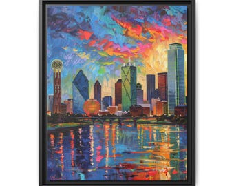 May include: A framed oil painting of the Dallas skyline at sunset, featuring the Reunion Tower and Bank of America Plaza. The artwork uses vibrant, thick brushstrokes in shades of blue, orange, pink, and yellow, reflecting the city lights.