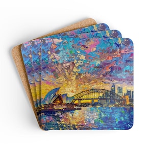 Sydney Skyline Cork Coaster Set – Sydney Opera House & Harbour Bridge Drink Coasters, Australia Souvenir, Gift for Travelers