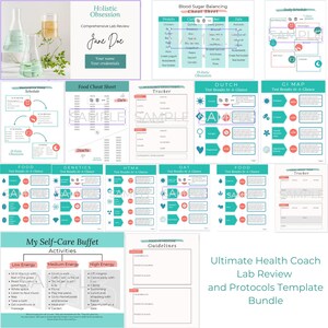 Könnte beinhalten: Ein bedruckbarer Leitfaden in Teal und Pink für Gesundheitscoaches mit verschiedenen Diagrammen und Checklisten. Der Leitfaden umfasst Abschnitte zu Blutzucker-Balance, Food-Cheat-Sheets, Genetik, HTMA und mehr. Der Titel des Leitfadens lautet "Ultimate Health Coach Lab Review and Protocols Template Bundle".