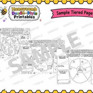 Może przedstawiać: Czarno-biała strona do wydruku z tekstem "Honeycomb Doodle-Style Printables" i "Sample Tiered Page". Strona zawiera diagramy dotyczące procesu projektowania inżynierskiego, z ilustracją pszczoły i obramowaniem w kształcie plastra miodu.