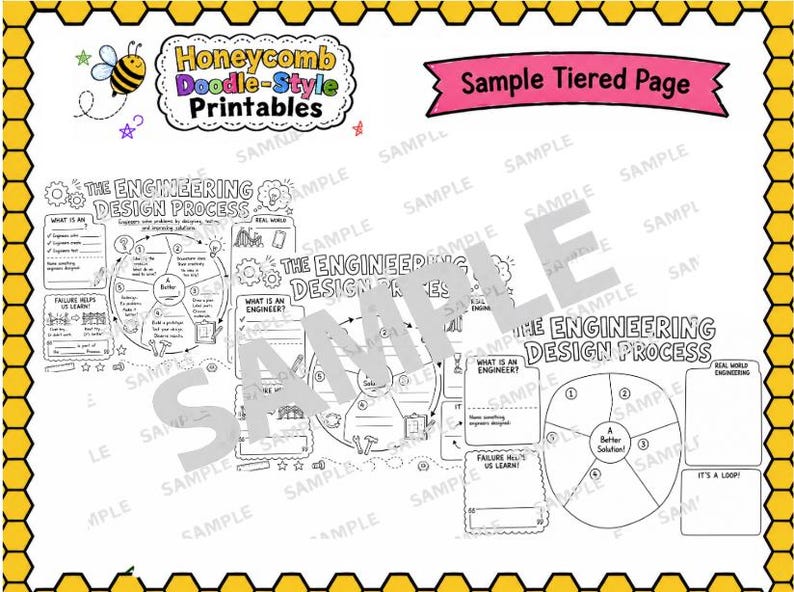 Może przedstawiać: Czarno-biała strona do wydruku z tekstem "Honeycomb Doodle-Style Printables" i "Sample Tiered Page". Strona zawiera diagramy dotyczące procesu projektowania inżynierskiego, z ilustracją pszczoły i obramowaniem w kształcie plastra miodu.