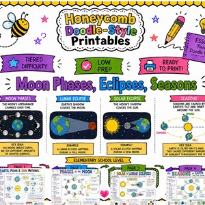 May include: A colorful educational poster titled "Honeycomb Doodle-Style Printables" with illustrations of moon phases, eclipses, and seasons. The poster includes diagrams, text, and a bee illustration. The text includes "Ready to Print!" and "Elementary School Level."