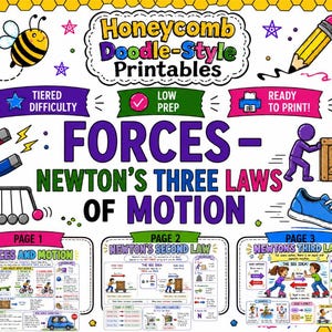 May include: A colorful educational poster titled "Honeycomb Doodle-Style Printables" about Newton's Three Laws of Motion. The poster features illustrations of a bee, magnet, pencil, and a person pushing a crate. The text includes "Forces," "Low Prep," and "Ready to Print!"