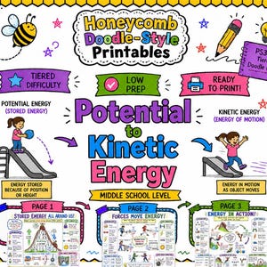 May include: A colorful educational poster titled "Potential to Kinetic Energy" for middle school level. The poster includes illustrations of a girl on a slide, a bee, and text such as "Tiered Difficulty" and "Ready to Print!"