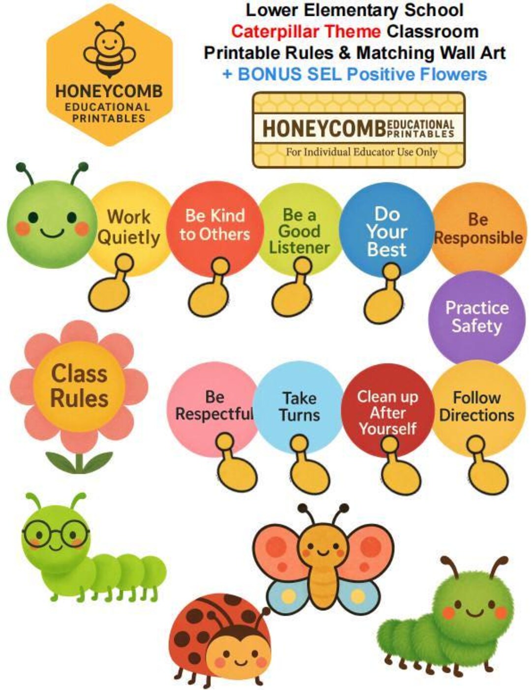 Classroom Rules Poster Caterpillar Theme Elementary Teacher Printable ...