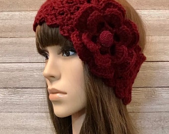 Burgundy Head Warmer with Flower