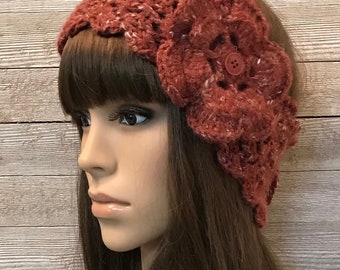 Rust Red Fleck Head Warmer with Flower
