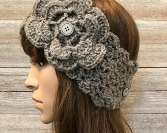 Grey Heather Head Warmer with Flower