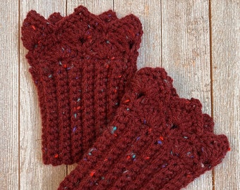 Burgundy Tweed Boot Cuffs with Prairie Points Edging