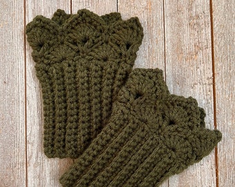 Dark Olive Green Boot Cuffs with Prairie Points Trim for Short Boots