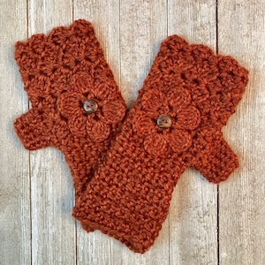 Rust Red Fingerless Gloves with Flower